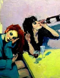 a painting of two women sitting at a table with a wine glass in front of them