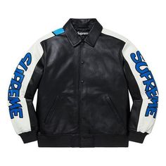 Supreme Smurfs Leather Varsity Jacket 'Black Blue White' SUP-FW20-166 Luxury Black Varsity Jacket With Padded Collar, Designer Blue Outerwear With Padded Collar, Luxury Sport Coat, Blue Leather Streetwear Outerwear, Blue Leather Outerwear For Streetwear, Blue Leather Jacket For Streetwear, Blue Leather Jacket For Streetwear With Long Sleeves, Classic Blue Outerwear For Streetwear, Supreme Jacket