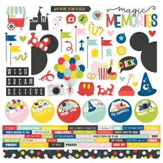 an assortment of stickers with mickey mouse and other things on them, including balloons