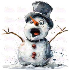 a watercolor painting of a snowman wearing a top hat and holding a carrot in his mouth