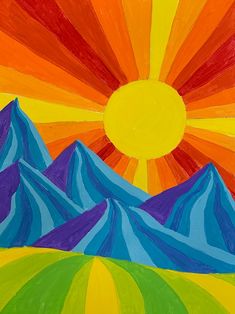 a painting of mountains with the sun in the background and colorful paint on paper over them