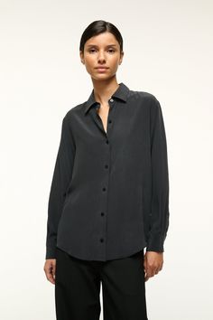 A classic-fit button down made from 100% silk, the Roxbury Shirt is the perfect essential shirt for any wardrobe. Black Satin Button Down Shirt, Essential Shirt, Silk Shirt, Black Shirt, Button Downs, Size Medium, Silk, Wardrobe, Black