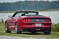 the rear end of a red sports car parked on grass next to a body of water