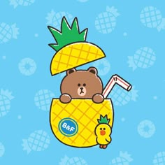 a bear in a pineapple with a straw and a bird on the side,