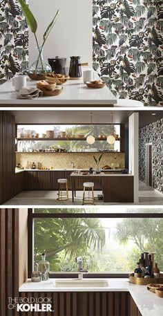 the kitchen is decorated with tropical wallpaper