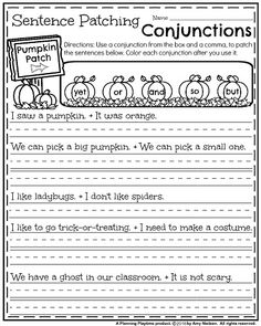 sentence writing worksheet with pumpkins on it