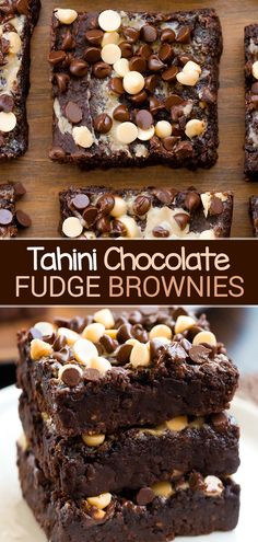 chocolate fudge brownies stacked on top of each other with white and dark chocolate chips