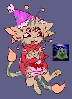 a drawing of a cat with a birthday hat holding a cake in it's paws