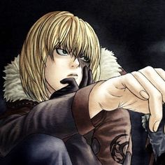 an anime character pointing at something with his finger and wearing a fur collared coat