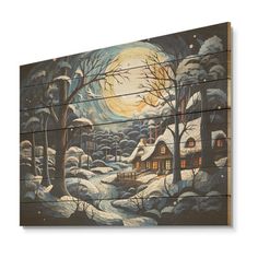 a painting on the side of a building with trees and houses painted on it's sides