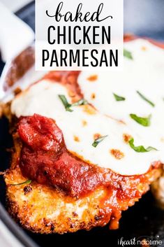 baked chicken parmesan on a black plate with text overlay that says baked chicken parmesan