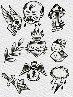 various tattoo designs and symbols are shown in black on white paper, including an image of a