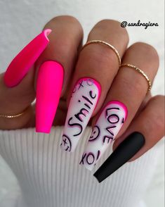 Neon Coffin Nails, Pink Black Nails, Wow Nails, Punk Nails, Sassy Nails, Fancy Nails Designs, Cute Styles