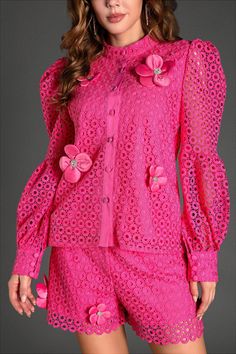 Step into a world of style with our long sleeve embroidered flower set. This stunning set features intricate floral embroidery on a bold fuchsia eyelet lace fabric, adding a touch of elegance and sophistication. The long sleeves and button-down top, paired with matching shorts, create a harmonious balance of style and comfort. Crafted from high-quality, breathable material, this set enhances your charm while ensuring you stay comfortable all day long. It's perfect for garden parties, summer soir Short Sets For Women Two Pieces, Eyelet Lace Fabric, Straight Clothes, Floral Set, Full Dress, Elegant Sets, Estilo Chic, Weave Style, Floral Print Tops