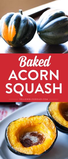 baked acorn squash on a white plate with the title text overlay reads baked acorn squash