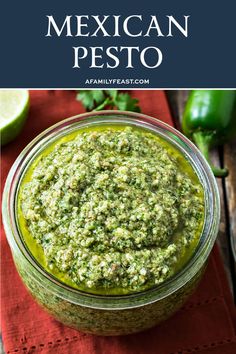 mexican pesto in a glass jar on a red napkin