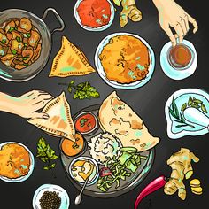 Indian Food Culture, Watercolor Recipe, Indian Illustration, Menu Designs, Food Artwork, Food Sketch, Food Cartoon