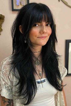 Long Jet Black Shag with Wispy Fringe for ladies with layered hair Straight Bangs With Layered Hair, Haircut Wispy Layers, Mexican Haircuts Women, Long Punk Hair, Goth Haircut, Subtle Bangs, Women Haircut, Shaggy Long Hair, Long Shag Haircut