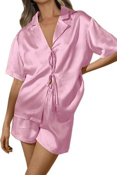 PRICES MAY VARY. Excellent quality: 97% Polyester+3% Spandex,breathable and thin fabric,which makes you feel soft and comfy and have a sound sleep.This fabric is more comfortable,smoother,soft than normal fabric. The tie front shorts sleeve women pajamas sets features unique closure-tie knot front,notch collar,short sleeve,shorts,elastic wasit,high waisted,silky smooth touch,relaxed fit.This silk satin short sleeve pajamas sets will bring out your natural elegance,while its delicate detail such Silk Pjs, Tops And Shorts, Pajamas Sets, Satin Short, Silk Pajama Set, Satin Pyjama Set, Midi Dress Party, Short Sleeve Tops, Satin Pajamas