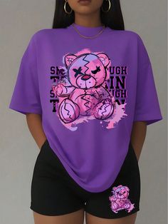 Women's Regular T-Shirt Sets Casual, Comfortable, Round Neck, Short Sleeve, Fashionable Street Wear Graphic Print Outfits Multicolor Casual  Short Sleeve Knitted Fabric Animal,Cartoon,Letter,Slogan  Medium Stretch  Women Clothing, size features are:Bust: ,Length: ,Sleeve Length: Cute T-shirts, Graphic T Shirt Outfit, Polo T Shirt Design, Winter Mode Outfits, Urban Apparel, Urban Style Outfits, Rainbow Outfit, Animal Cartoon, Top Streetwear