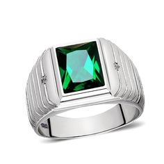 Green Emerald Ring for Men 2 Diamond Accents Real 925 Solid Sterling Silver Ring Mens Emerald Rings, White Gold Sapphire Ring, Ring For Man, Men Cave, Mens Band Rings, Gold Sapphire Ring, Green Emerald Ring, Elegant Engagement Rings, Sterling Silver Mens Rings