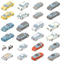 many cars are shown in different colors and sizes