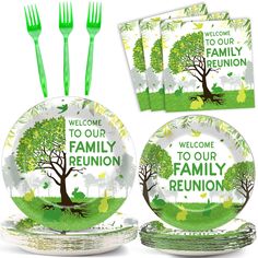 a family reunion dinnerware set with green trees