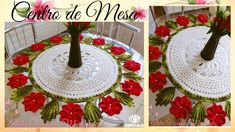 the table is decorated with red flowers and crocheted placemats on it