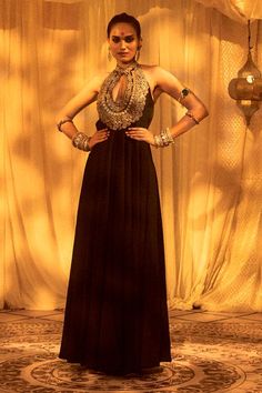 Black backless gown with floral and sequin embroidered bodice with a keyhole halter neckline. - Aza Fashions Black Backless Gown, Gopi Vaid, Backless Gown, Gown For Women, Gown Pattern, Embroidered Bodice, Ladies Gown, Halter Neckline, Aza Fashion