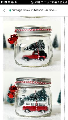 two jars with christmas decorations in them, one is filled with snow and the other has a red truck