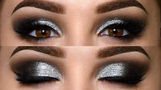 Black Smokey Eye With Glitter, Smokey Eye With Glitter, Make Up Guide, Glitter Makeup Tutorial, Silver Smokey Eye, Black Smokey Eye Makeup, Glitter Smokey Eye, Silver Eye Makeup