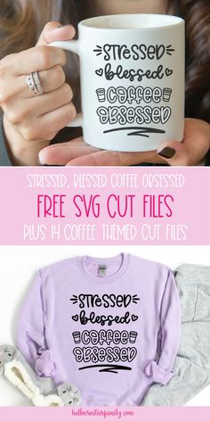 a woman holding a coffee mug with the words free svg cut files on it