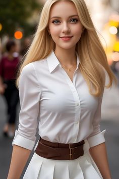 a woman with blonde hair wearing a white shirt and brown belt is standing on the street