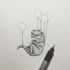 a drawing of a dinosaur holding balloons