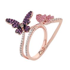 Accent your outfits with the sweet style of this pink and purple cubic zirconia butterfly ring. Accent your outfits with the sweet style of this pink and purple cubic zirconia butterfly ring. Metal: sterling silver Packaging: boxed Plating: 18k rose gold Width: 13 mm Finish: polishedSTONE DETAILS Stone type: pink & purple cubic zirconia Total weight: 1/5 ct. Shape: round Setting: prong Gemstones may have been treated to enhance their appearance. Special care may be required. Please visit our Gem Silver Packaging, Butterfly Ring, Ring Metal, Sweet Style, Pink And Purple, The Sweet, 18k Rose Gold, Pink Purple, Cubic Zirconia