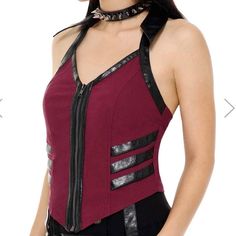 Killstar Burgundy Zip Front Halter Top With Faux Leather Details. Sz Xxl Nwt Fitted Red Top In Edgy Style, Red Gothic Sleeveless Top, Red Sleeveless Gothic Top, Gothic Cotton Top For Party, Gothic Cotton Party Top, Fitted Alternative Tops For Night Out, Edgy Red Tops For Club, Edgy Red Top For Night Out, Alternative Cotton Party Top