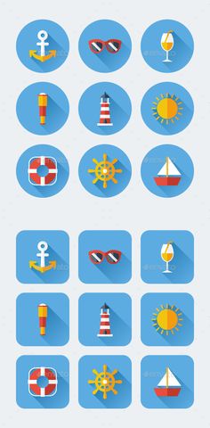 flat icons with long shadows on the blue background - miscellaneous objects / objects web elements