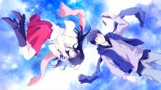 two anime characters are flying through the air