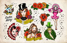 an old school tattoo flash sheet with women and flowers on the front, one woman wearing a top hat