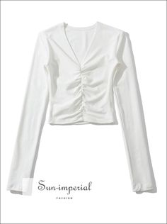 Sun-imperial - women long sleeve solid casual v neck ruched cropped tee – Sun-Imperial Trendy Ruched V-neck Top, White Ruched Stretch Top, White Stretch Ruched Top, Trendy Solid Color Ruched Tops, White Ruched Top For Fall, Casual Long Sleeve Ruched Tops, Casual Ruched V-neck Top, Casual V-neck Ruched Tops, Collars For Women