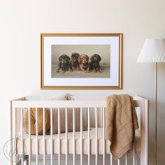 three dachshund puppies sitting in a white crib next to a lamp