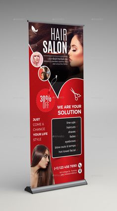 a red roll up banner for hair salon