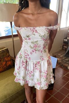 Floral Mini OTS Dress Pink And White Floral Dress, Floral Off Shoulder Dress, Floral Dress White, Straight Across Neckline, White Floral Dress, Pink Floral Dress, Romper With Skirt, Premium Denim, Dance Dresses