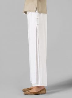 Linen Double Layers Pants Solid Straight Leg Harem Pants For Loungewear, Solid Straight Harem Pants For Loungewear, Elegant Wide Leg Sweatpants, Comfortable White Trousers, Elegant Linen Pants For Loungewear, Elegant Wide Leg Loungewear Pants, Elegant Full Length Wide Leg Loungewear Pants, Elegant Full-length Wide Leg Pants For Loungewear, Elegant Wide Leg Full-length Pants For Loungewear