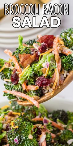 broccoli bacon salad on a wooden spoon