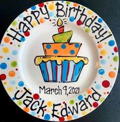 a happy birthday plate with a cupcake on it