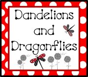 the words dandelions and dragonflies are in black, white, and red