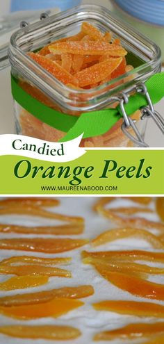 candied orange peels in a glass container