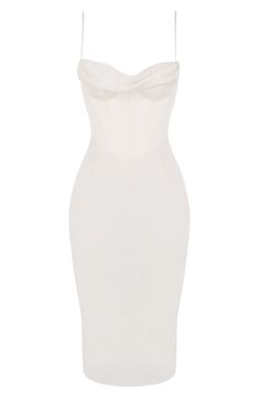 A draped cowl neck and corset-inspired bodice lend contemporary elements to a dress that will make a scene-stealing entrance. Exclusive retailer Cowl neck Adjustable straps Lined 100% polyester with 95% polyester, 5% elastane contrast Dry clean Imported White Bustier, Corset Midi Dress, White Slip Dress, Satin Corset, White Corset, Dress Slim, Backless Design, Halter Mini Dress, House Of Cb