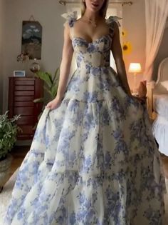 Beautiful Floral Print Chiffon Long Prom Dresses Evening Dress Blue Floral Princess Dress, White Floral Dress Formal, Bodice Dress Casual, Floral Dress With Corset, Floral Corset Dress Prom, White Dress With Flowers Prom, Blue Dress With Flowers Casual, Sweetheart Neckline Floral Dress, Prom Dresses White And Blue